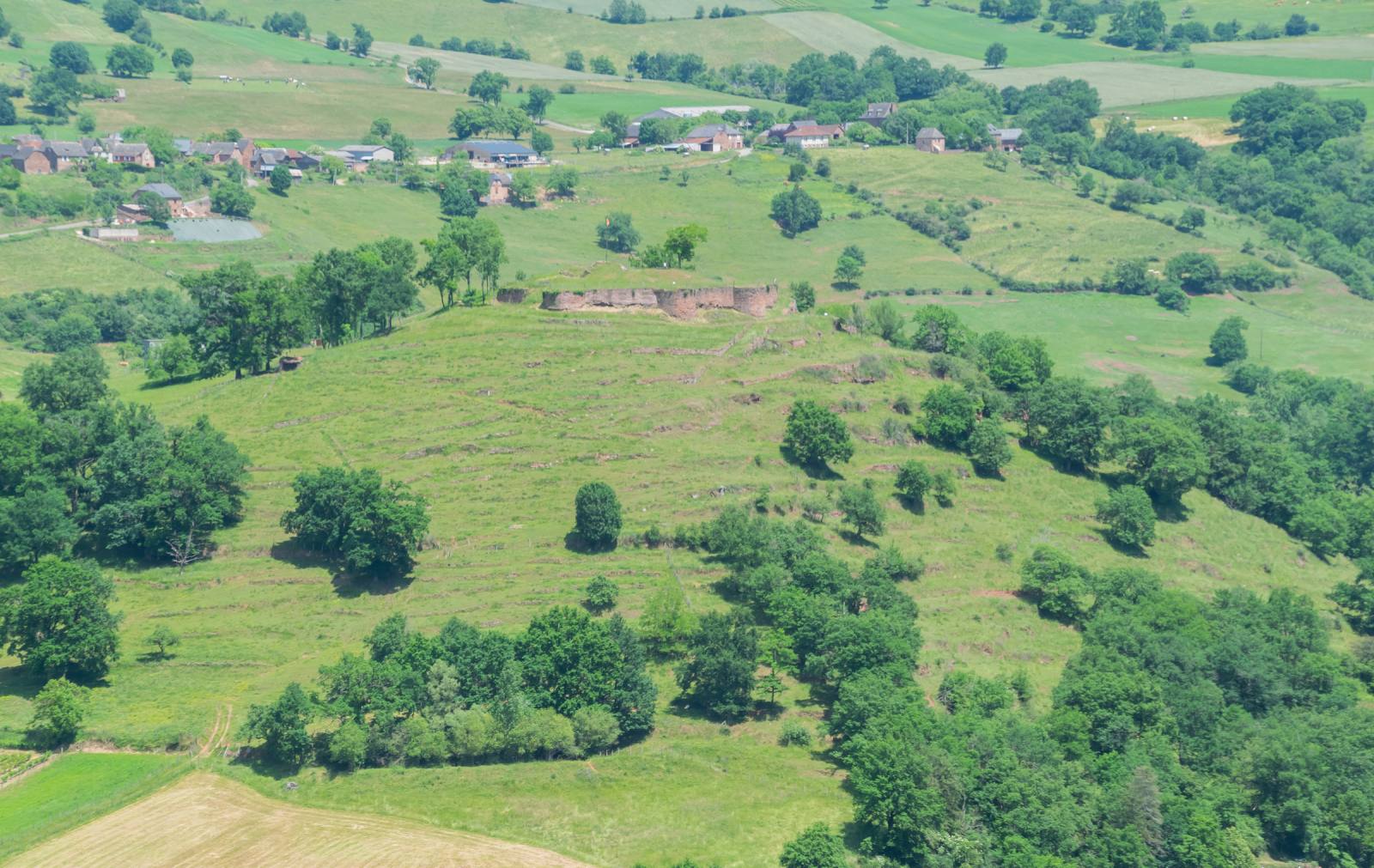 Aerial view of the ruins of Beaucaire castle on their wooded hill, Nauviale, Aveyron